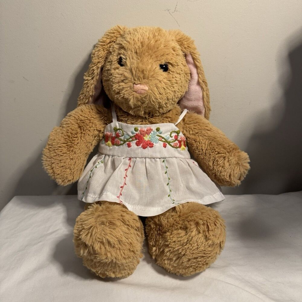 Build-A-Bear Workshop Brown Bunny Plush w/ Floral Dress, Washable 2020 Retired
